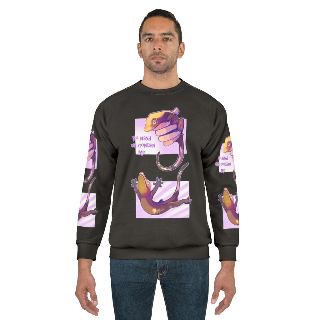 Crested Gecko Sweatshirt with "No Hand Can Contain Me" Design