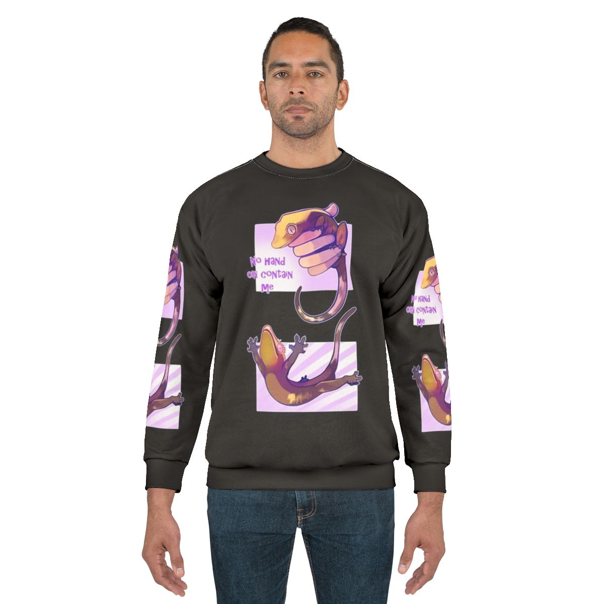 Crested Gecko Sweatshirt with "No Hand Can Contain Me" Design