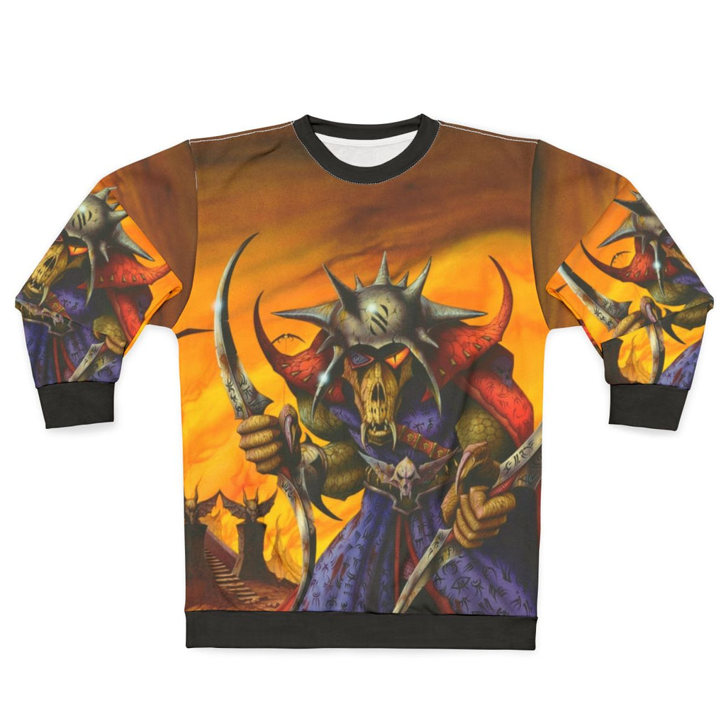 Heavy metal sweatshirt featuring a fiery, villainous fantasy design