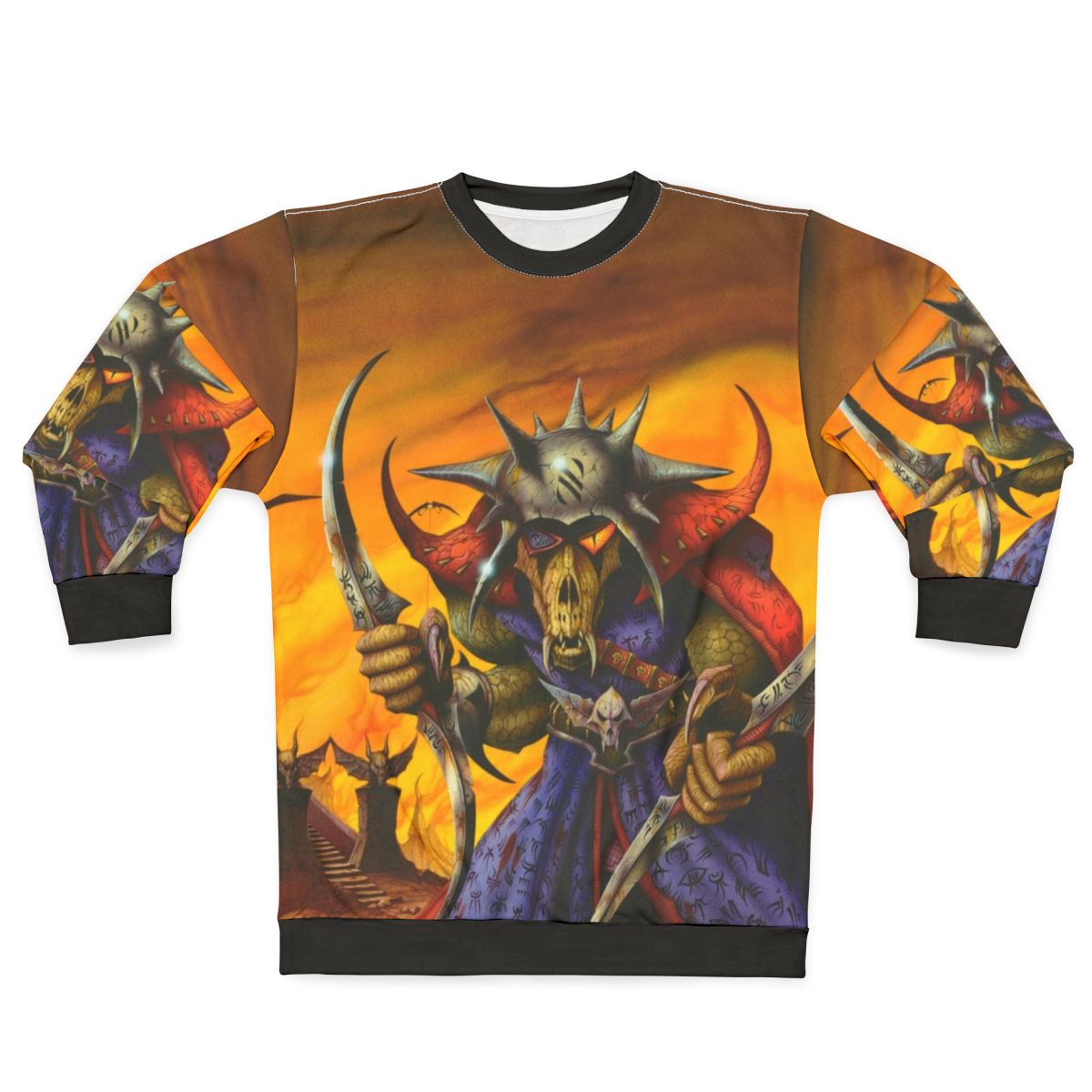 Heavy metal sweatshirt featuring a fiery, villainous fantasy design