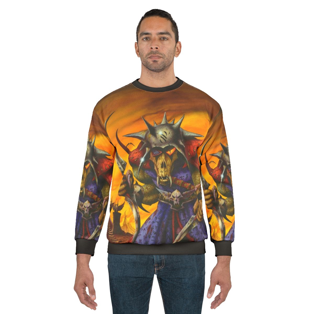 Heavy metal sweatshirt featuring a fiery, villainous fantasy design