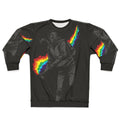 Colorful sweatshirt design with text "No More Tear Gas" against a background of political protest imagery