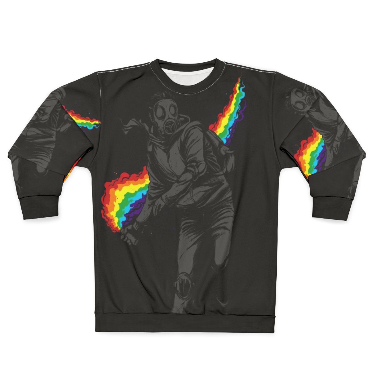 Colorful sweatshirt design with text "No More Tear Gas" against a background of political protest imagery