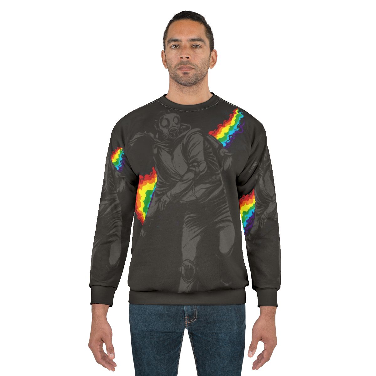 Colorful sweatshirt design with text "No More Tear Gas" against a background of political protest imagery