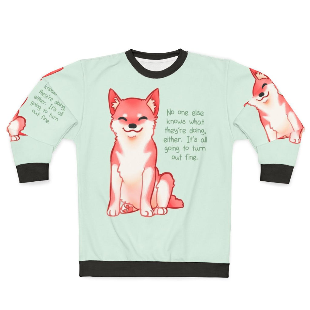 "Shiba Inu wearing a 'No One Knows' motivational sweatshirt"