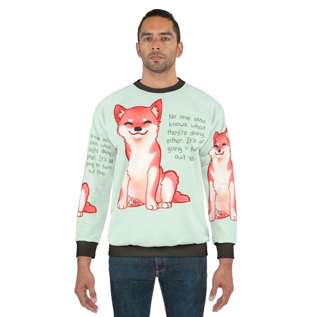 "Shiba Inu wearing a 'No One Knows' motivational sweatshirt"