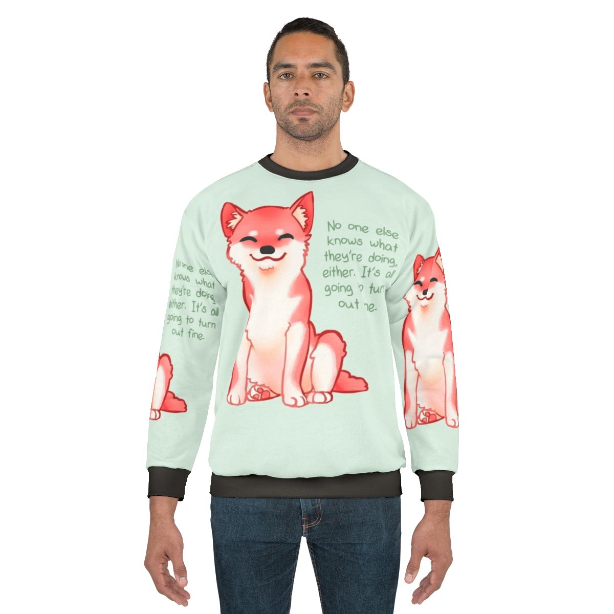 "Shiba Inu wearing a 'No One Knows' motivational sweatshirt"