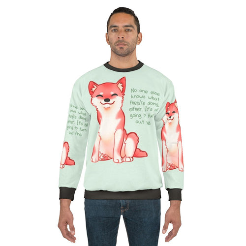 "Shiba Inu wearing a 'No One Knows' motivational sweatshirt"