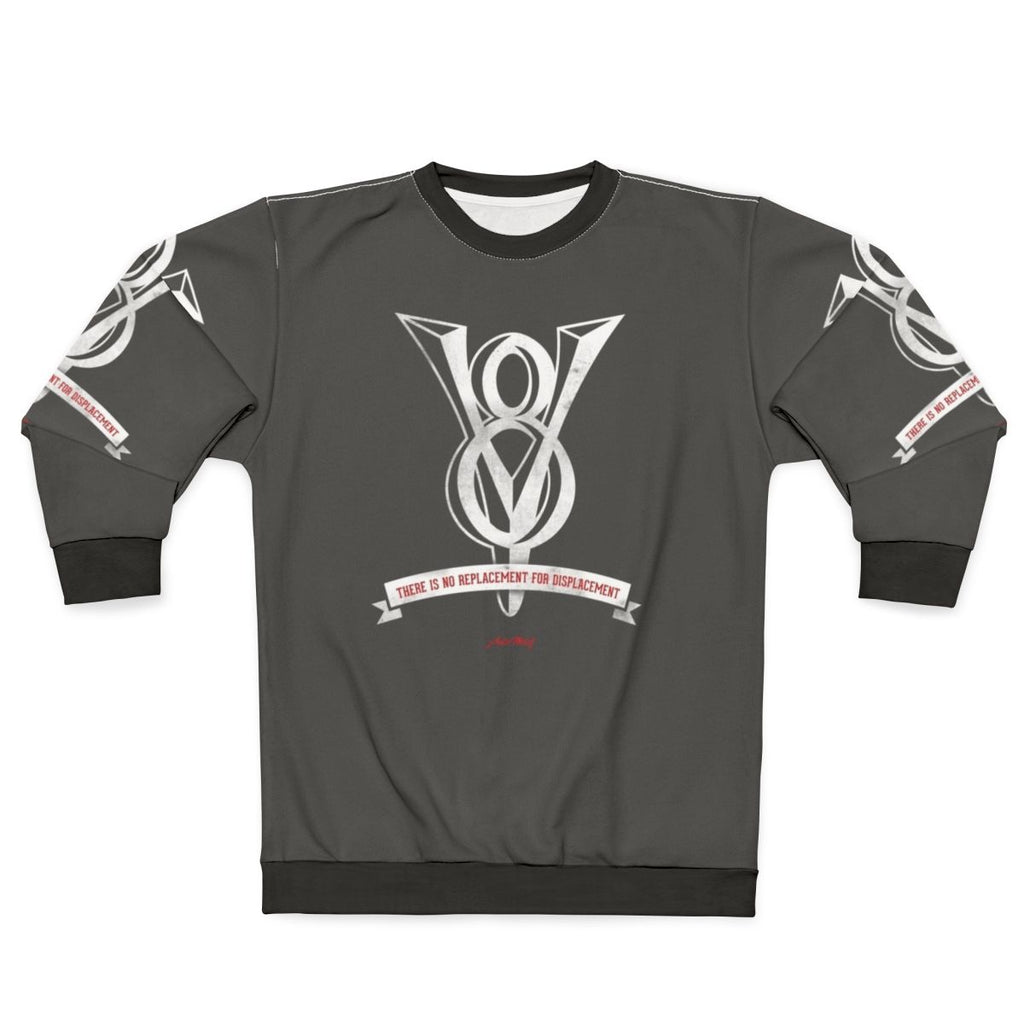 Sweatshirt with 'No Replacement For Displacement' text and images of engine, muscle car, hot rod