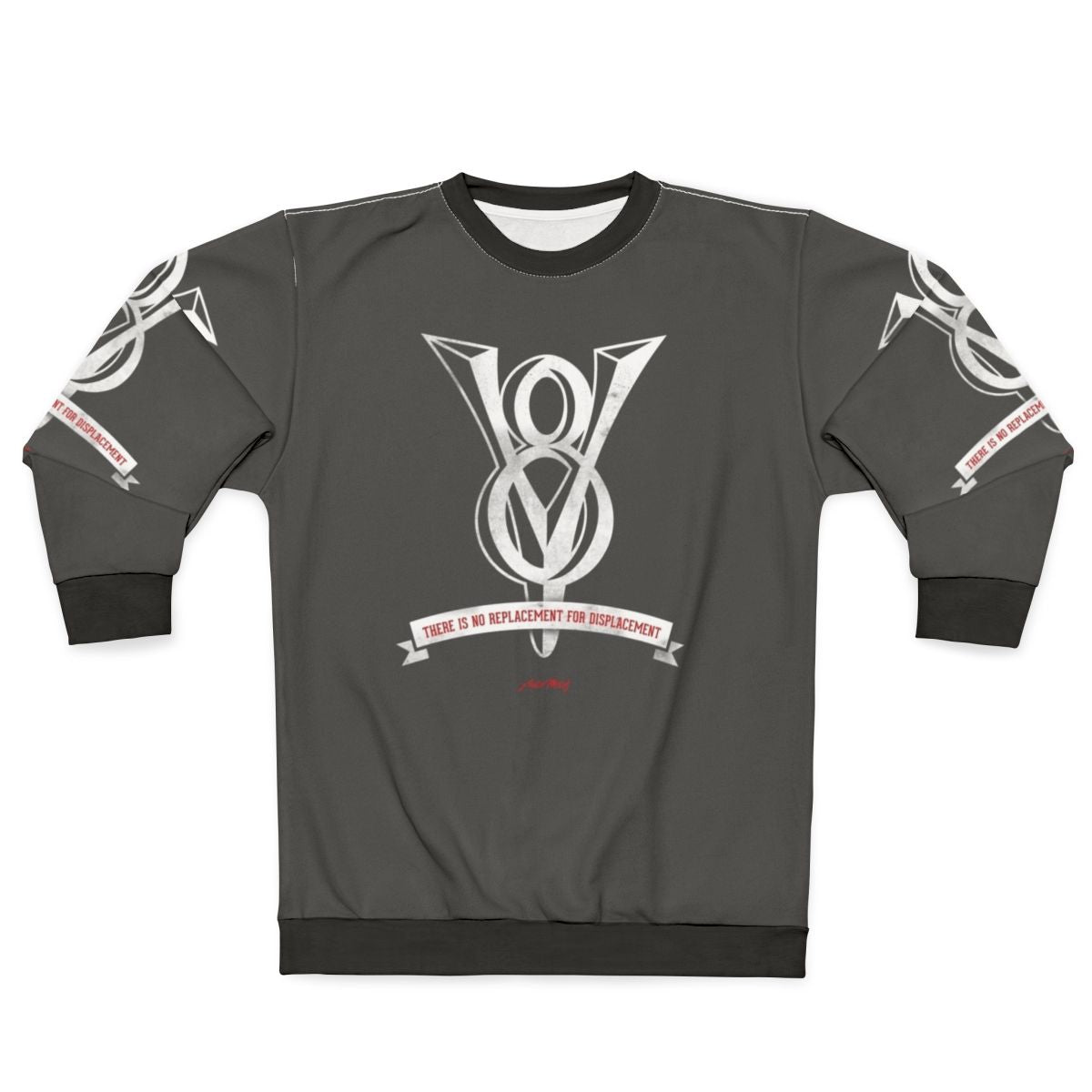 Sweatshirt with 'No Replacement For Displacement' text and images of engine, muscle car, hot rod