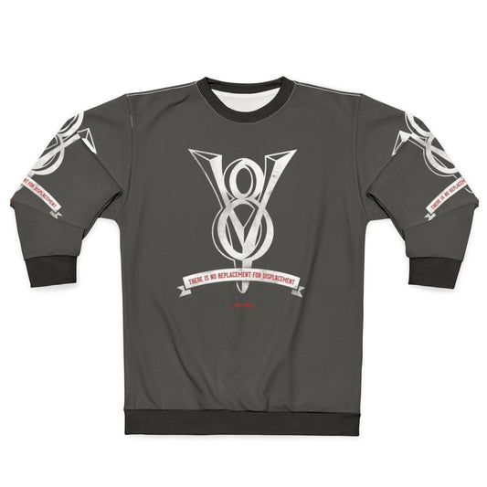 Sweatshirt with 'No Replacement For Displacement' text and images of engine, muscle car, hot rod