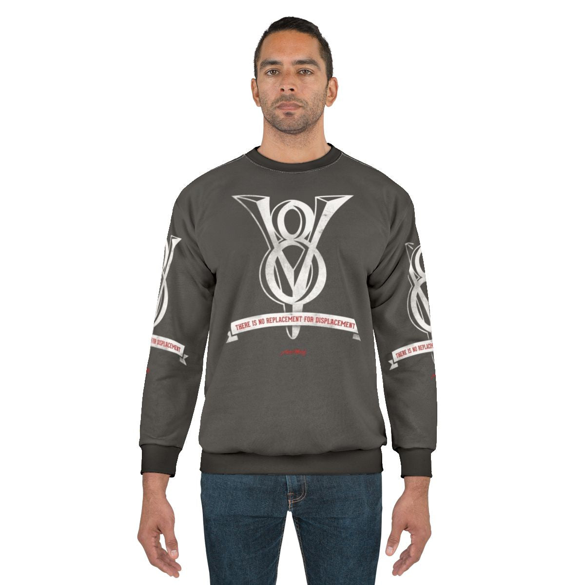 Sweatshirt with 'No Replacement For Displacement' text and images of engine, muscle car, hot rod