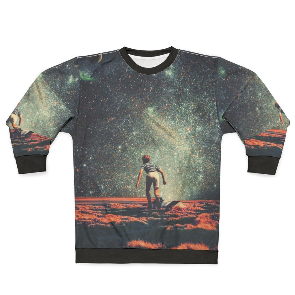 Nostalgia vintage graphic sweatshirt featuring a colorful collage design with space, stars, and retro elements