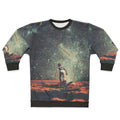 Nostalgia vintage graphic sweatshirt featuring a colorful collage design with space, stars, and retro elements