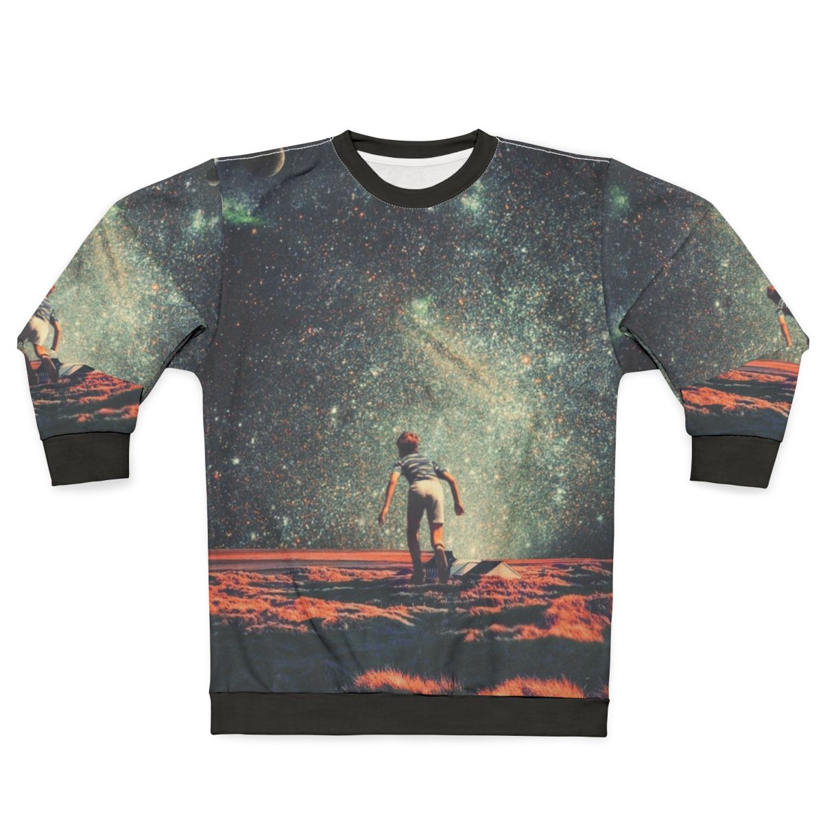 Nostalgia vintage graphic sweatshirt featuring a colorful collage design with space, stars, and retro elements