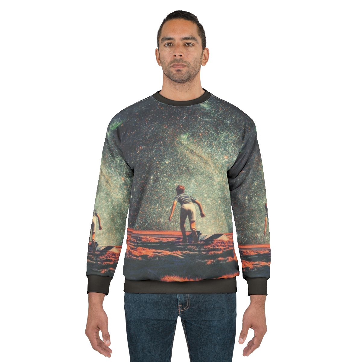 Nostalgia vintage graphic sweatshirt featuring a colorful collage design with space, stars, and retro elements