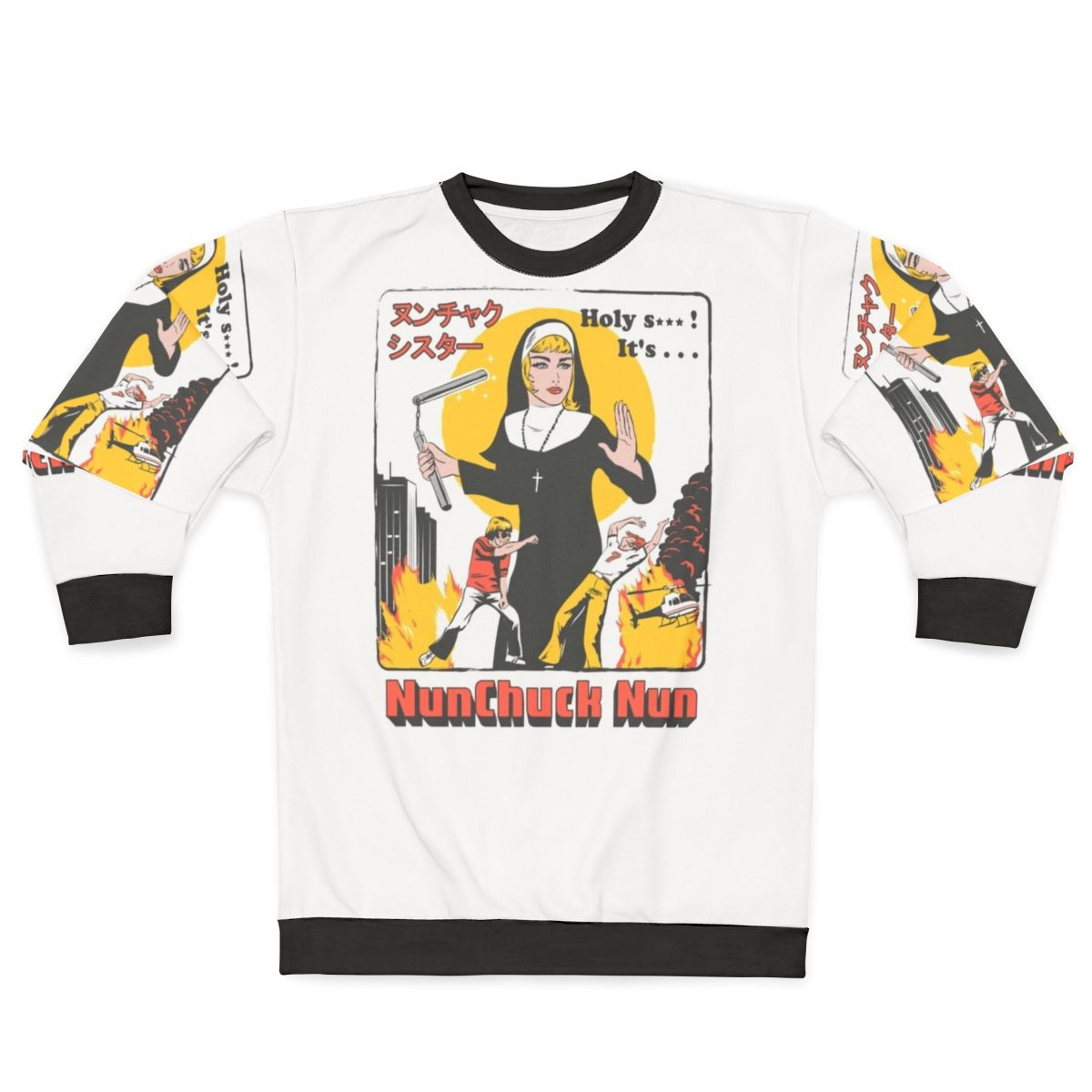 Nunchaku nun sweatshirt with retro pop culture design