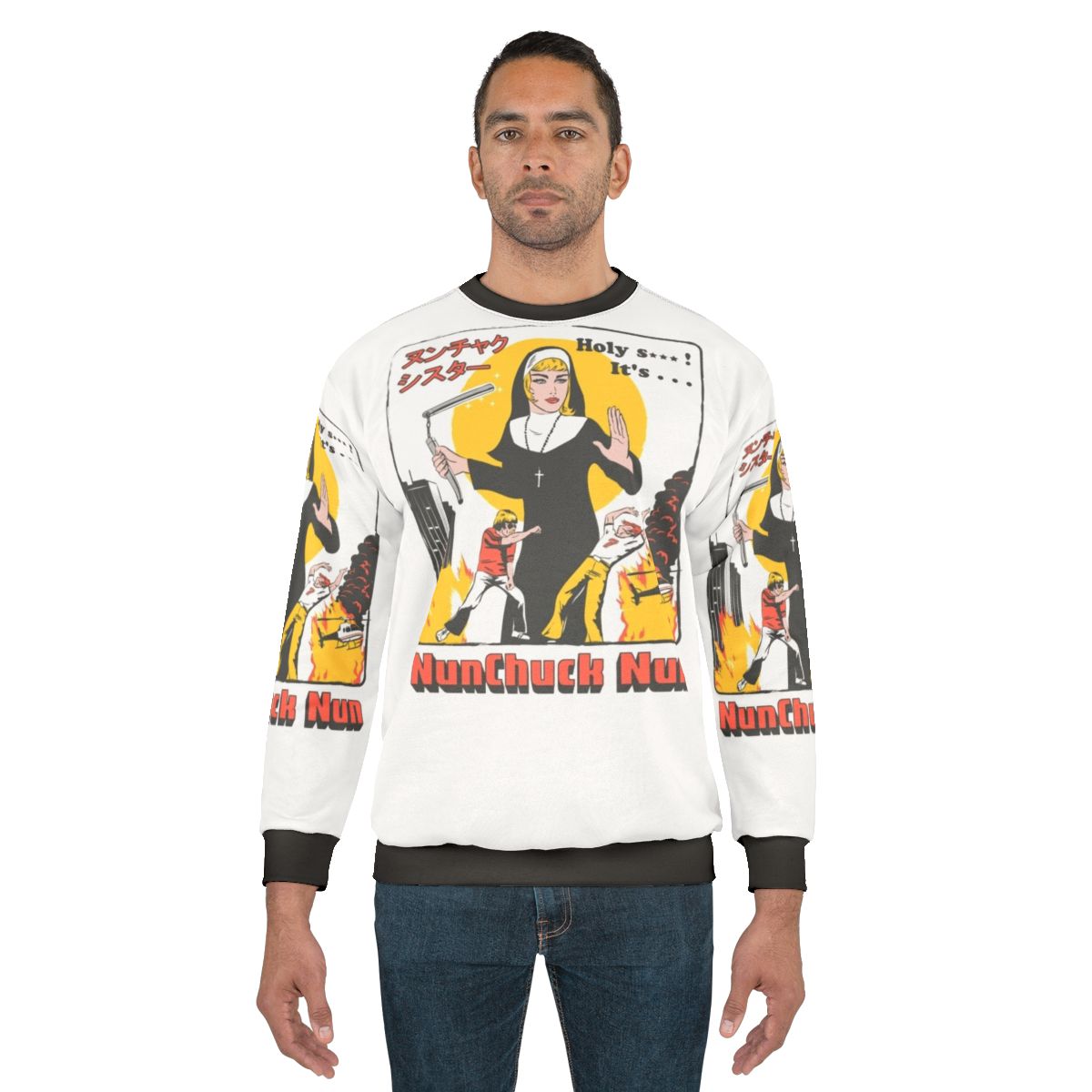 Nunchaku nun sweatshirt with retro pop culture design