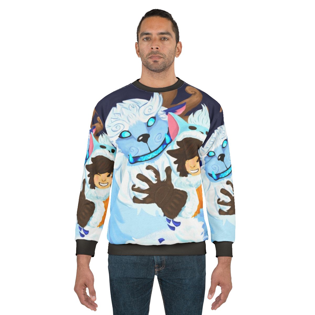 Nunu and Willump, the cute champions from League of Legends, featured on a blue sweatshirt