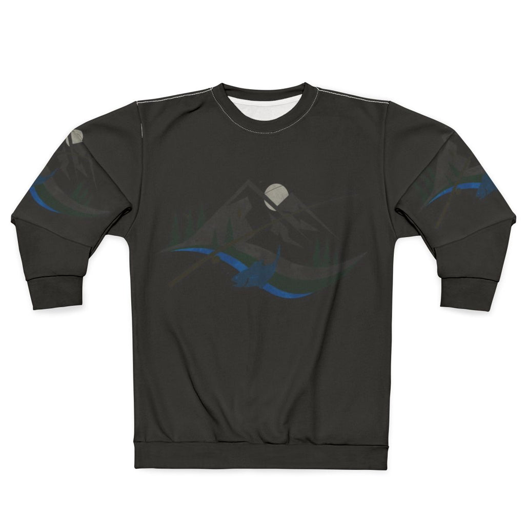 Man wearing a fishing occupations sweatshirt standing near a lake
