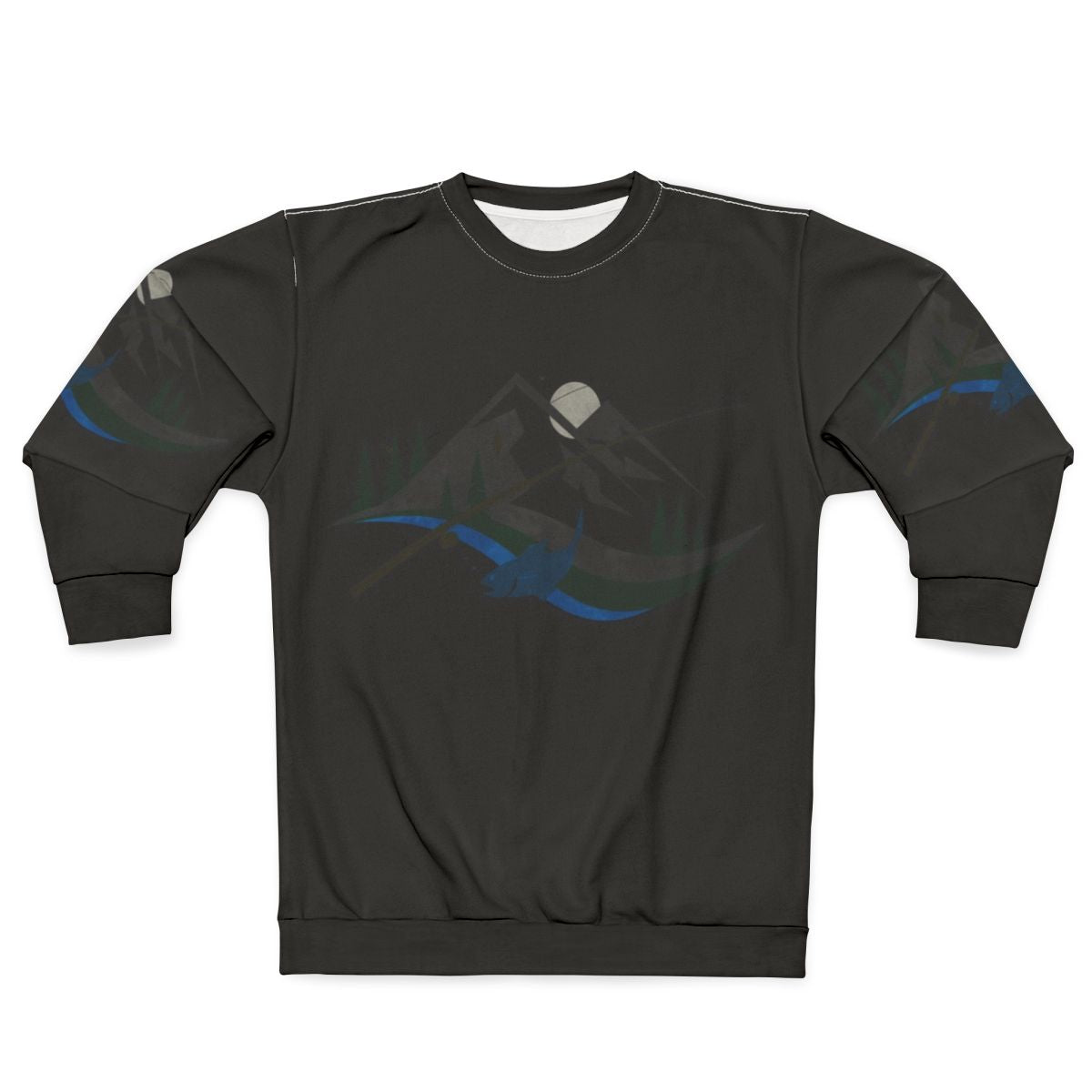 Man wearing a fishing occupations sweatshirt standing near a lake
