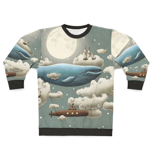 Ocean meets sky whimsical sweatshirt featuring a surreal digital illustration of nature, whales, and tall ships