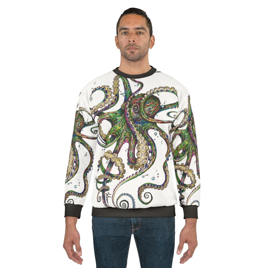 Psychedelic neon octopus design on a sweatshirt