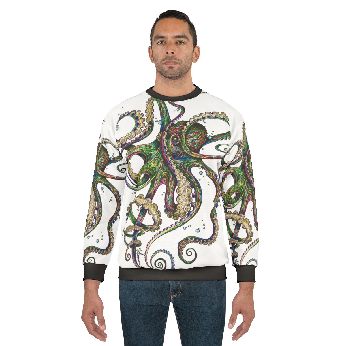 Psychedelic neon octopus design on a sweatshirt