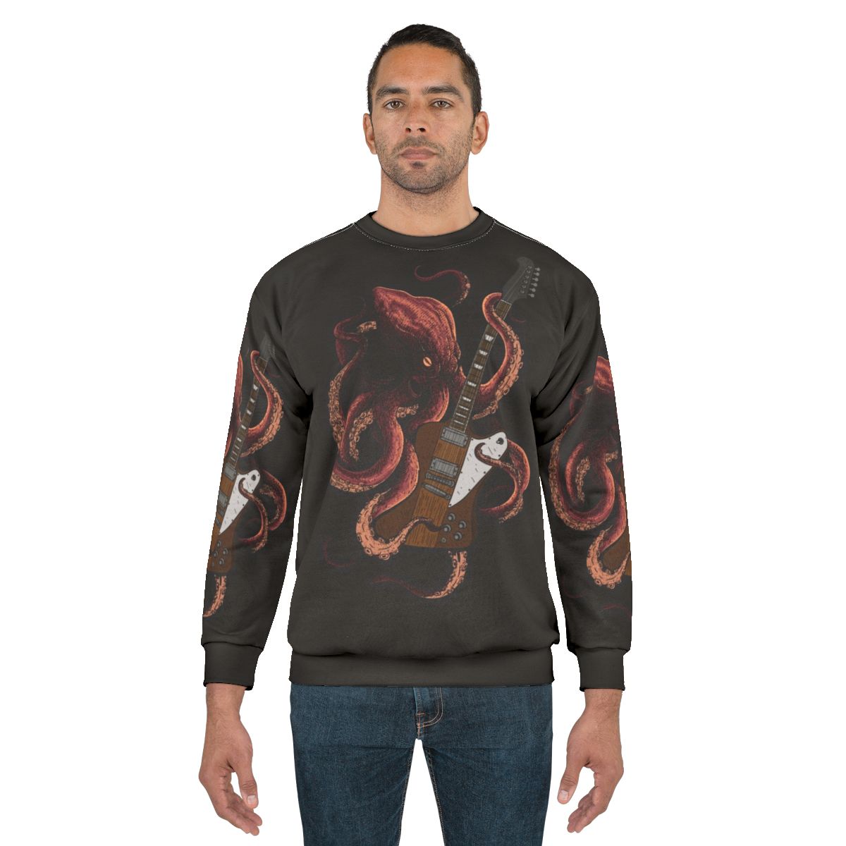 Octopus playing an electric guitar on a sweatshirt