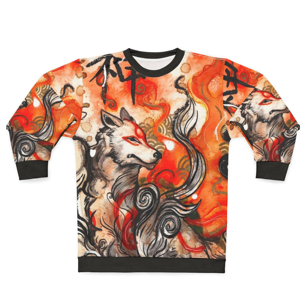 Okami Amaterasu inspired sweatshirt featuring a wolf-themed ink wash painting design