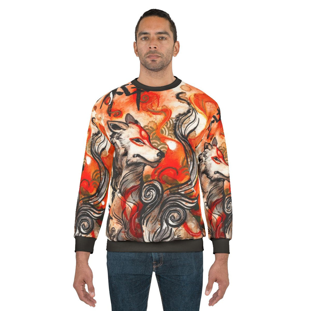 Okami Amaterasu inspired sweatshirt featuring a wolf-themed ink wash painting design