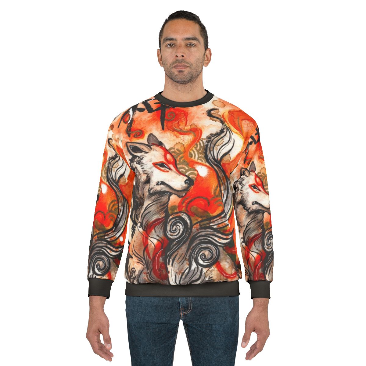 Okami Amaterasu inspired sweatshirt featuring a wolf-themed ink wash painting design