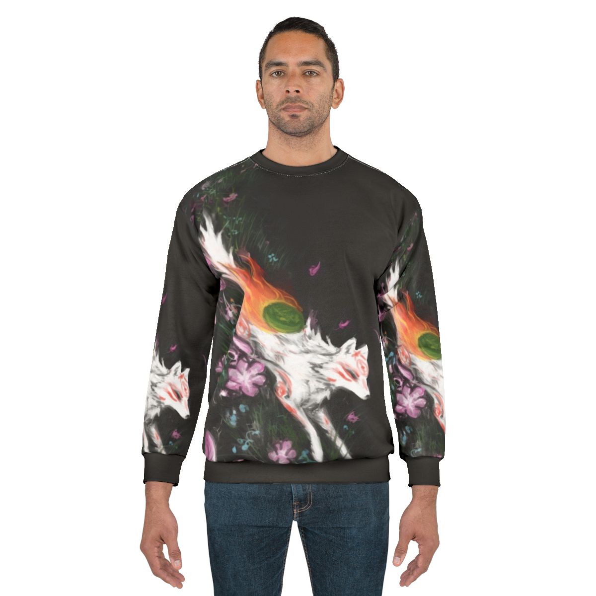 Okami Sweatshirt with Amaterasu Wolf and Sakura Flowers Design