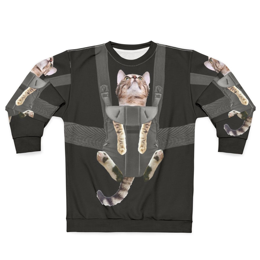 Tabby cat in a baby carrier printed on a comfortable sweatshirt