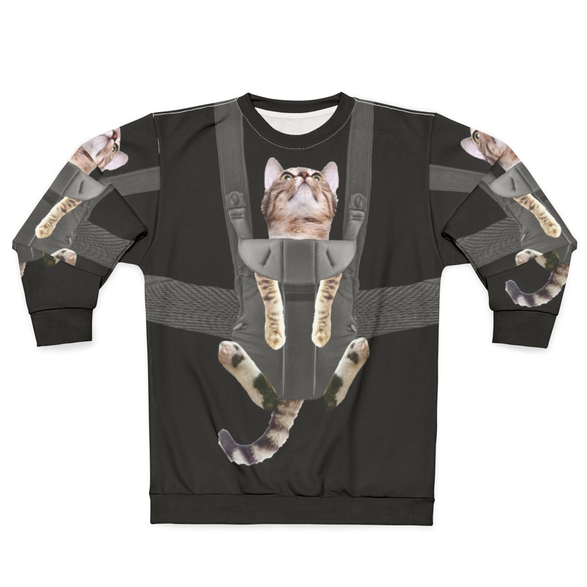 Tabby cat in a baby carrier printed on a comfortable sweatshirt