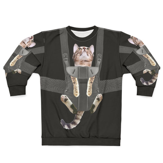 Tabby cat in a baby carrier printed on a comfortable sweatshirt