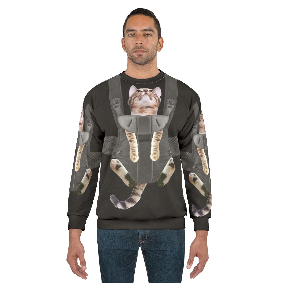 Tabby cat in a baby carrier printed on a comfortable sweatshirt