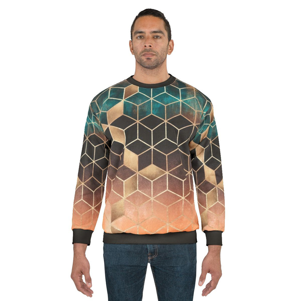 Ombre geometric cube sweatshirt with modern graphic design
