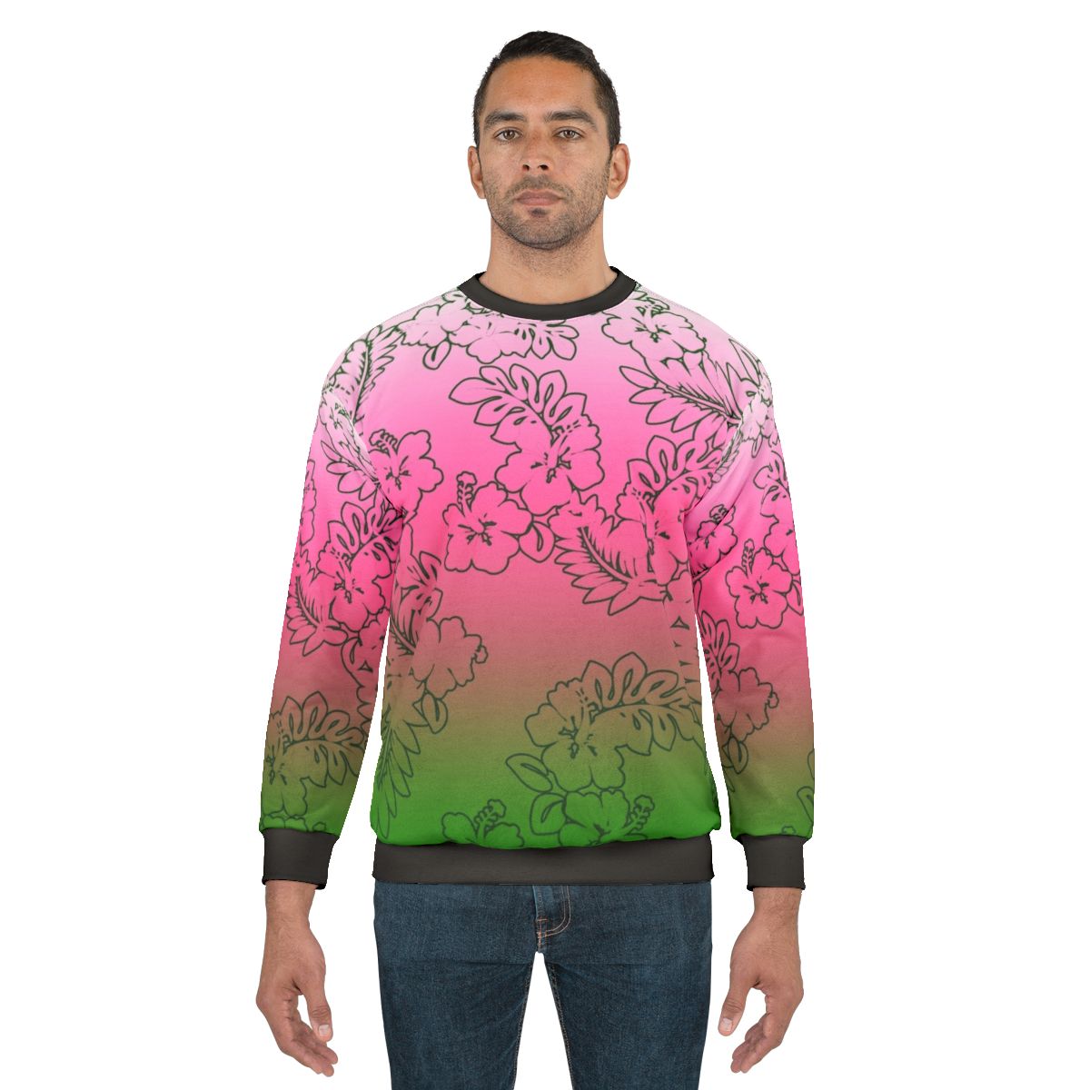 Ombre pink to green tropical floral hibiscus sweatshirt