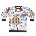 Winter folk art sweatshirt with snow landscape and Christmas holiday imagery