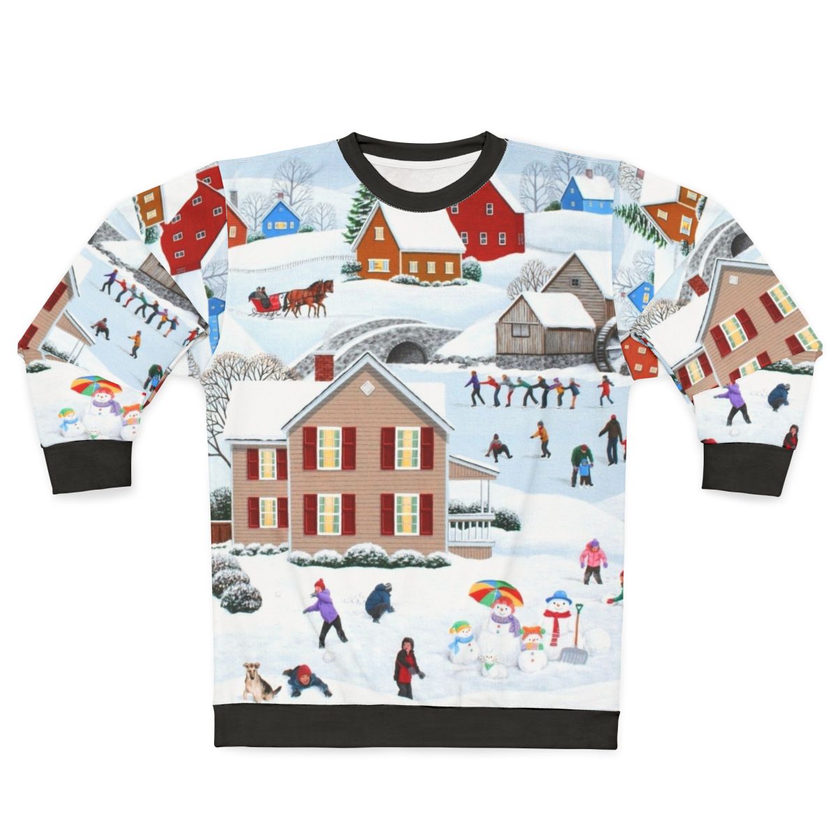 Winter folk art sweatshirt with snow landscape and Christmas holiday imagery