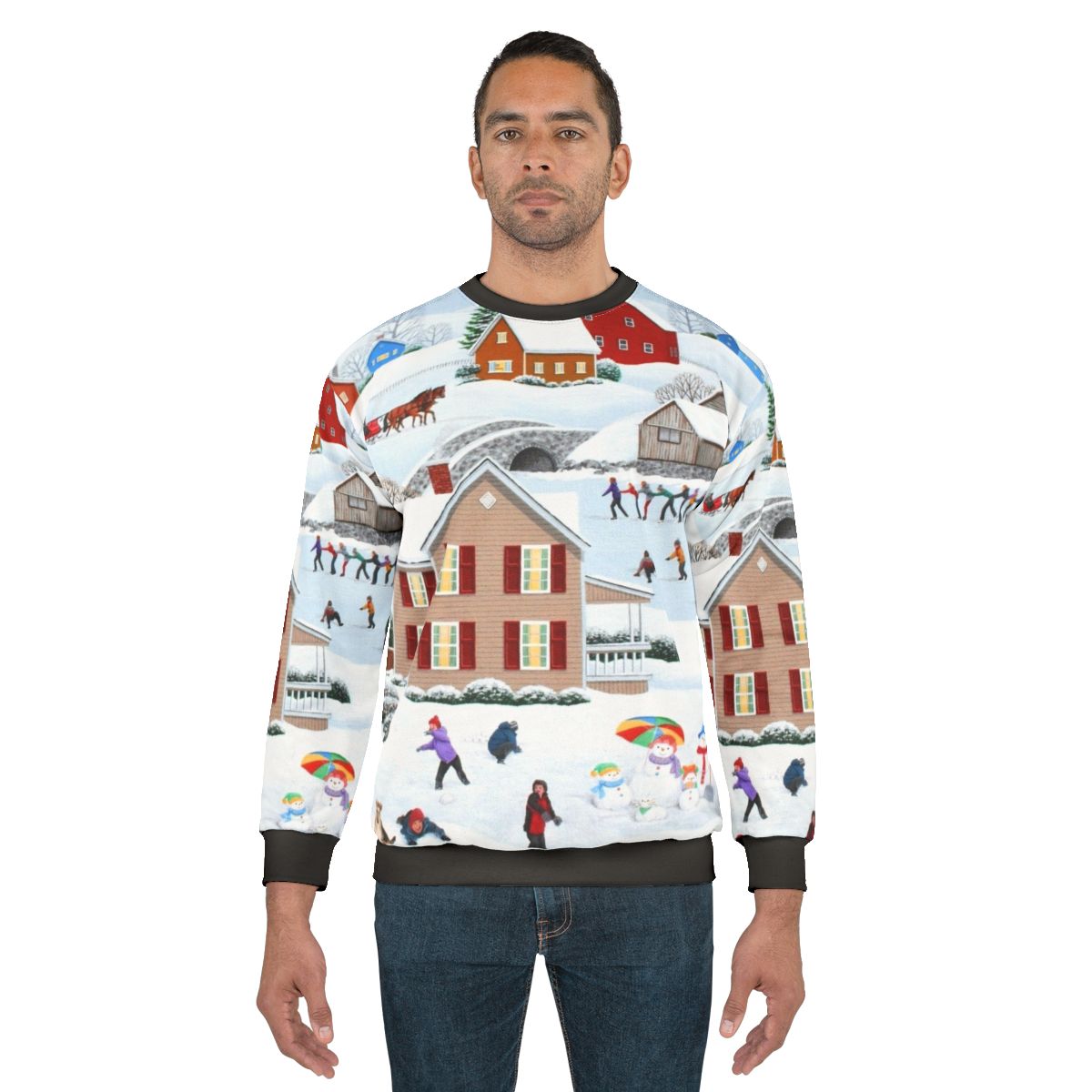 Winter folk art sweatshirt with snow landscape and Christmas holiday imagery