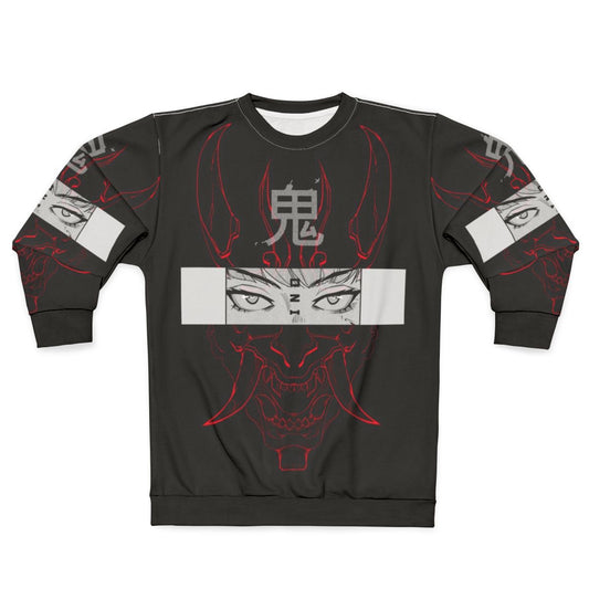 Oni Red Sweatshirt with Futuristic Cyberpunk Aesthetic