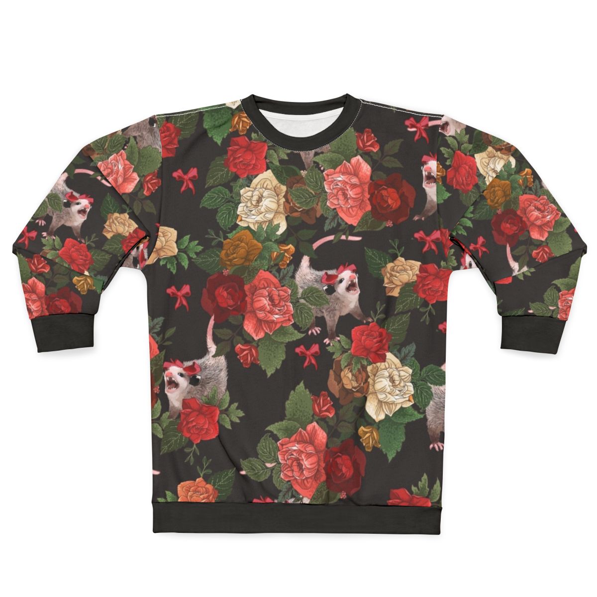 Opossum floral pattern sweatshirt with funny, screaming animal design