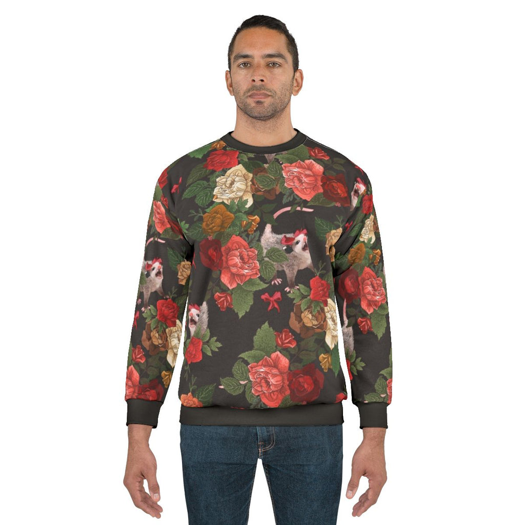 Opossum floral pattern sweatshirt with funny, screaming animal design