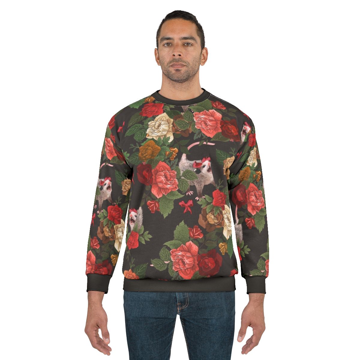 Opossum floral pattern sweatshirt with funny, screaming animal design