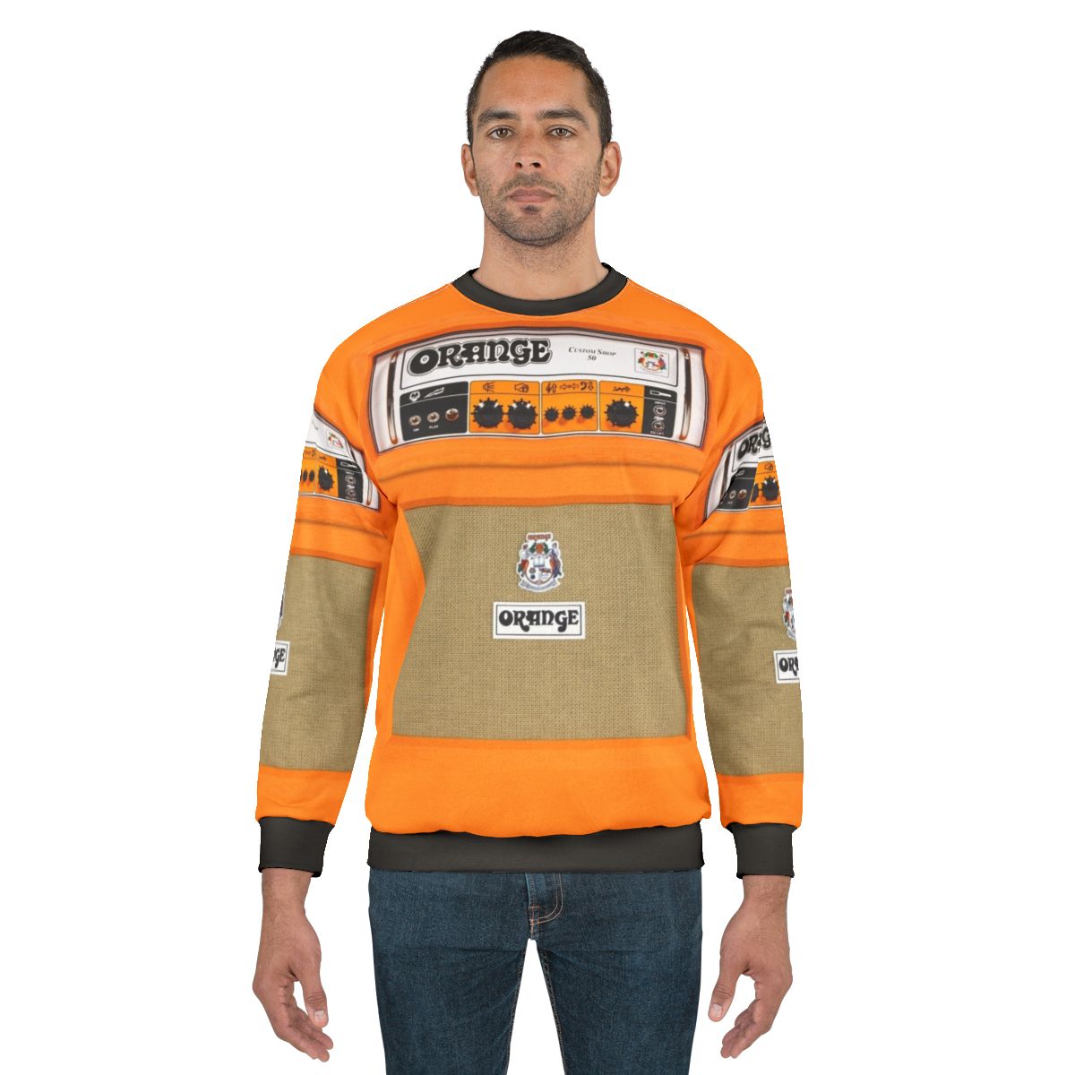 Orange amplifier sweatshirt with a vintage, retro design