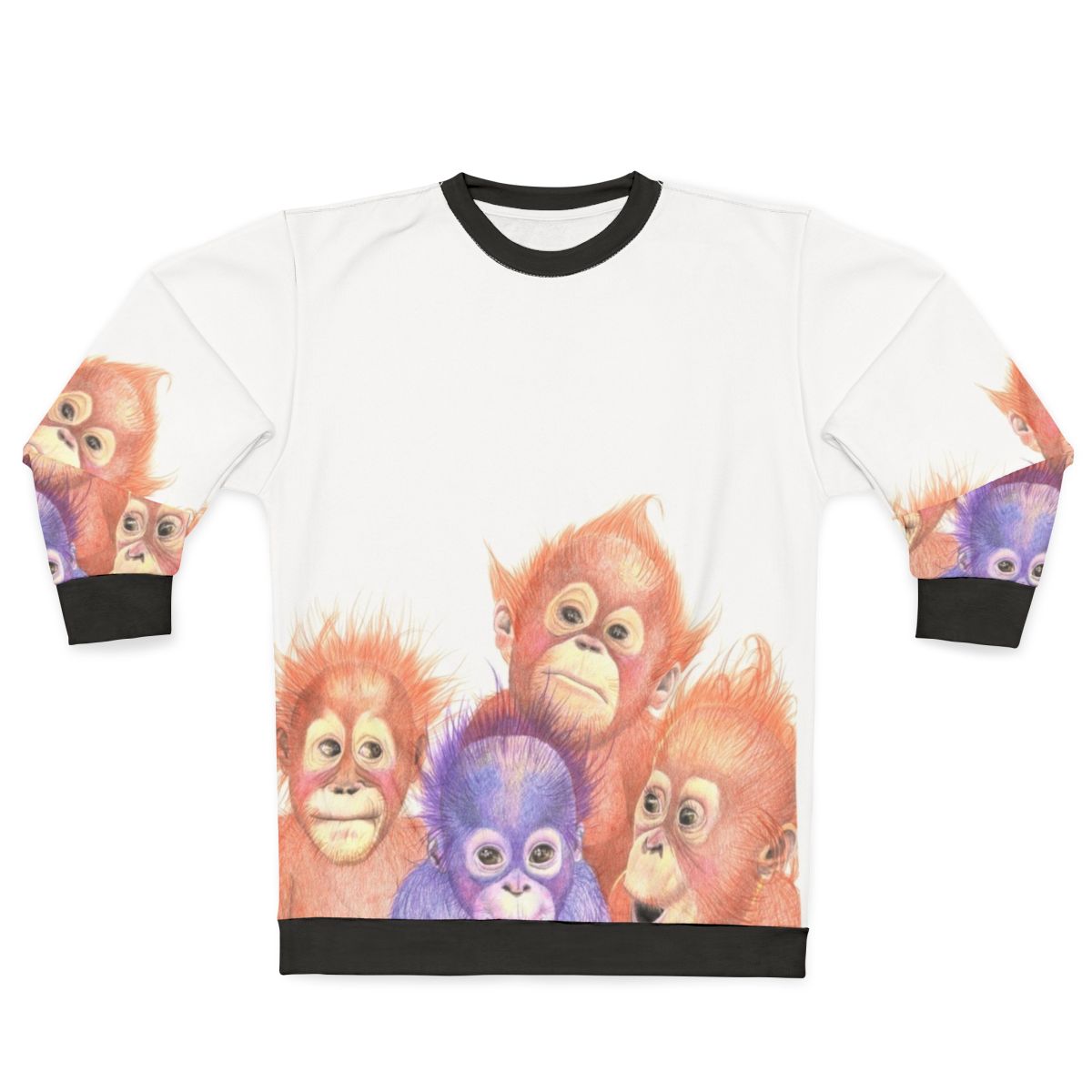 Adorable baby orangutan on orange and purple sweatshirt