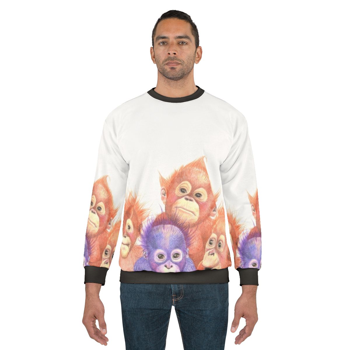 Adorable baby orangutan on orange and purple sweatshirt