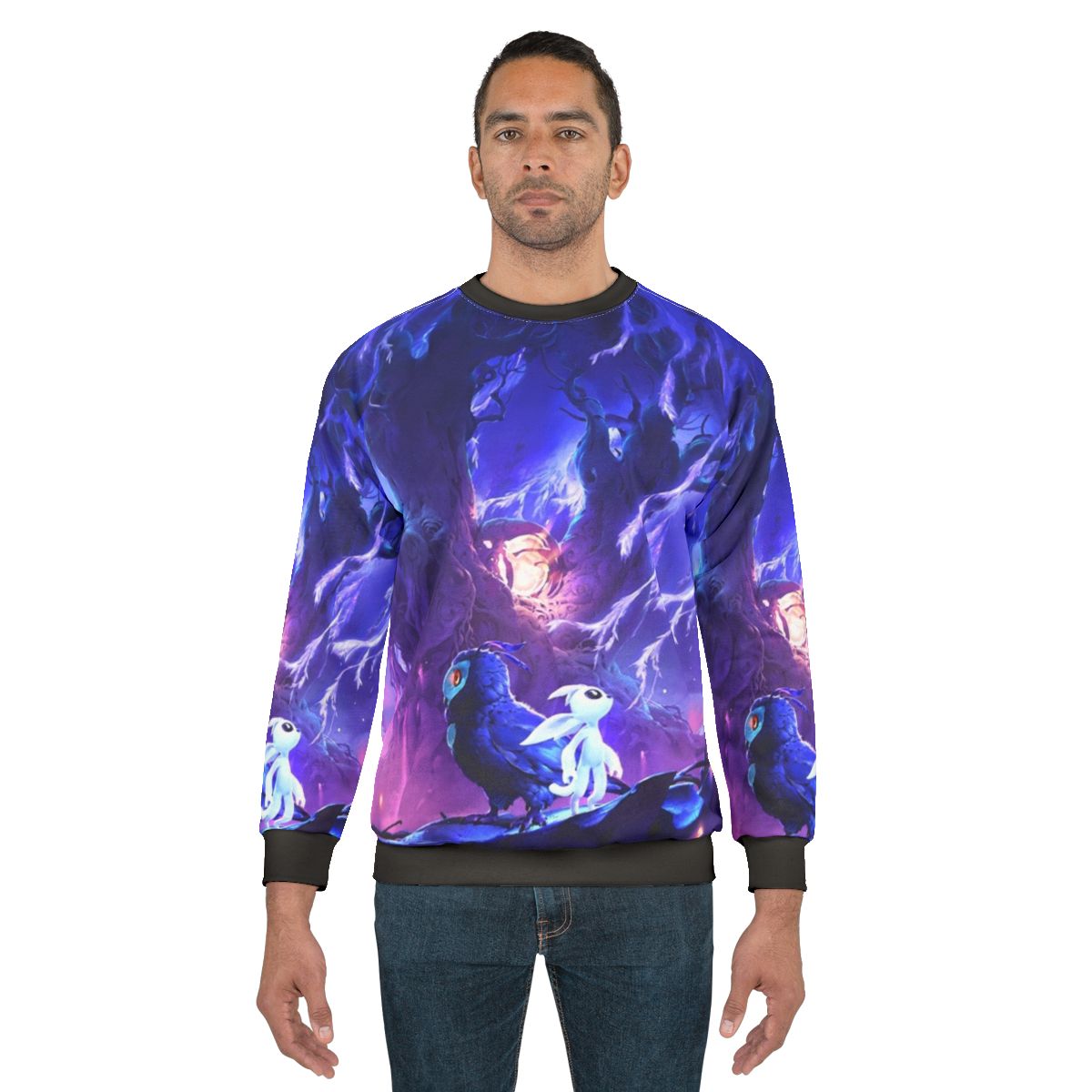 Ori and the Will of the Wisps sweatshirt featuring the character Ori and a light burst design